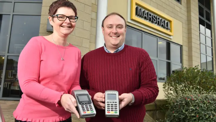 James Howard with Yorkshire Payments client Karen Donnelly of Marshall construction