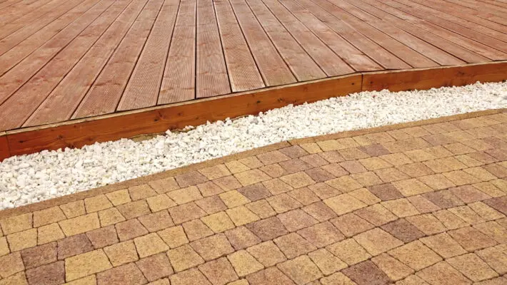 Composite Wood Decking, White Marble Gravel And Stone Brick Pavi