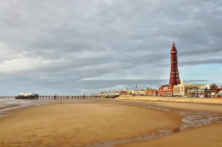Blackpool Tower and pier, viewed across the sands.