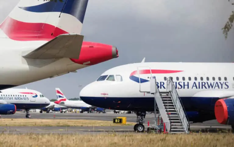 parked out of use British Airways aeroplanes stored at Bournemouth International Airport, Dorset during the Coronavirus crisis
