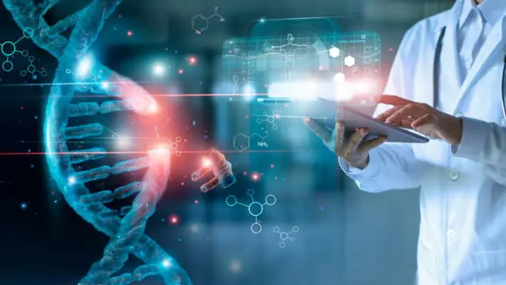 Abstract,Luminous,Dna,Molecule.,Doctor,Using,Tablet,And,Check,With