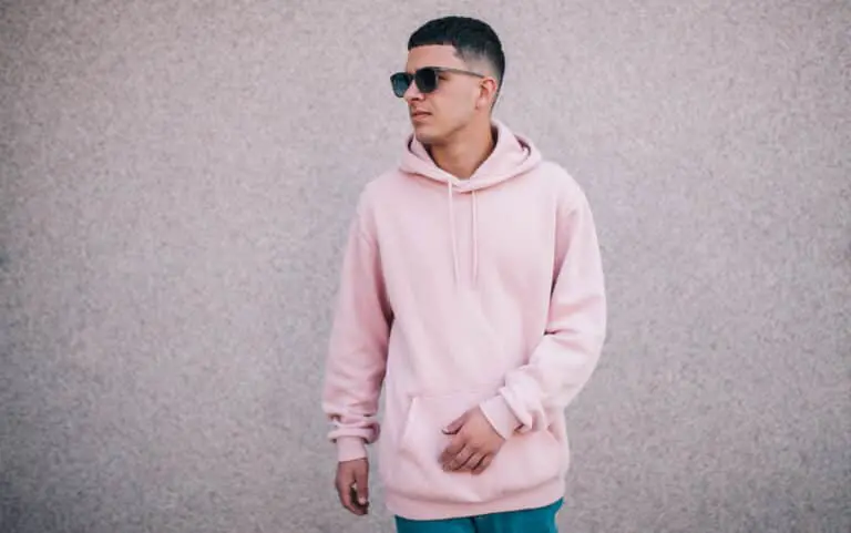 City,Portrait,Of,Handsome,Hipster,Guy,Wearing,Pink,Blank,Hoodie