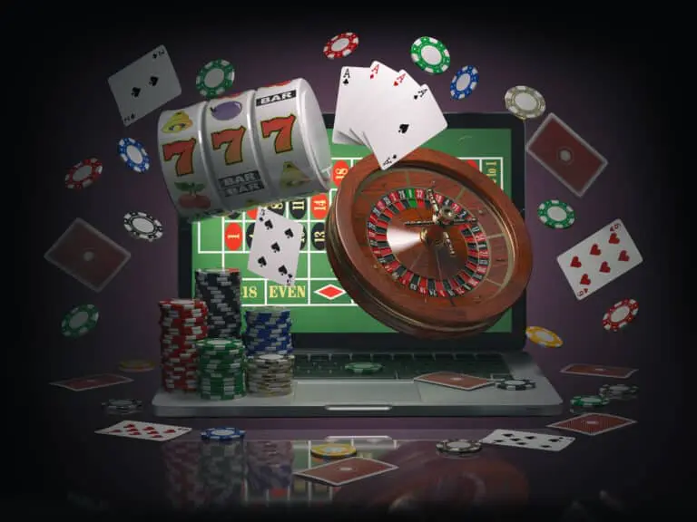 Online,Casino,Concept.,Laptop,With,Roulette,,Slot,Machine,,Casino,Chips