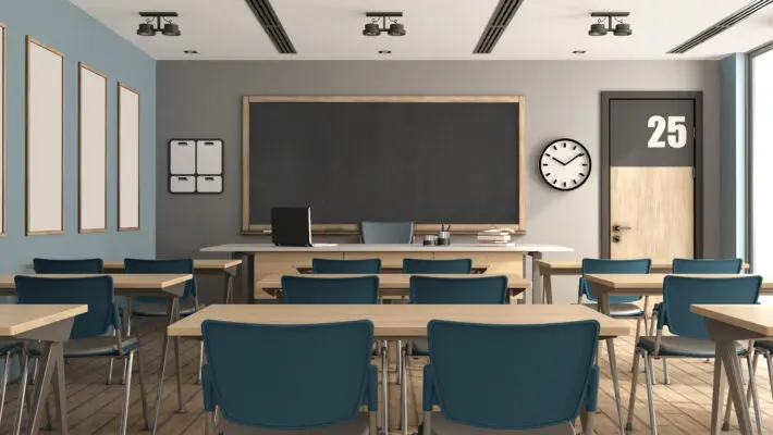 Blue,And,Gary,Modern,Classroom,Without,Students,-,3d,Rendering