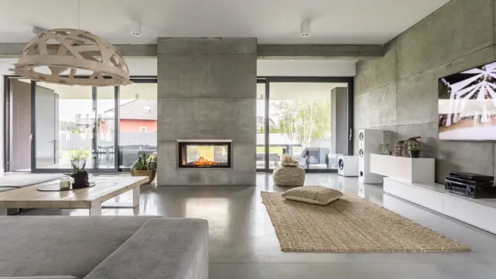 Spacious,Villa,Interior,With,Cement,Wall,Effect,,Fireplace,And,Tv