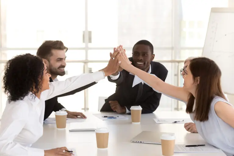 Happy,Diverse,Colleague,Giving,High,Five,,Celebrating,Corporate,Success,,Business