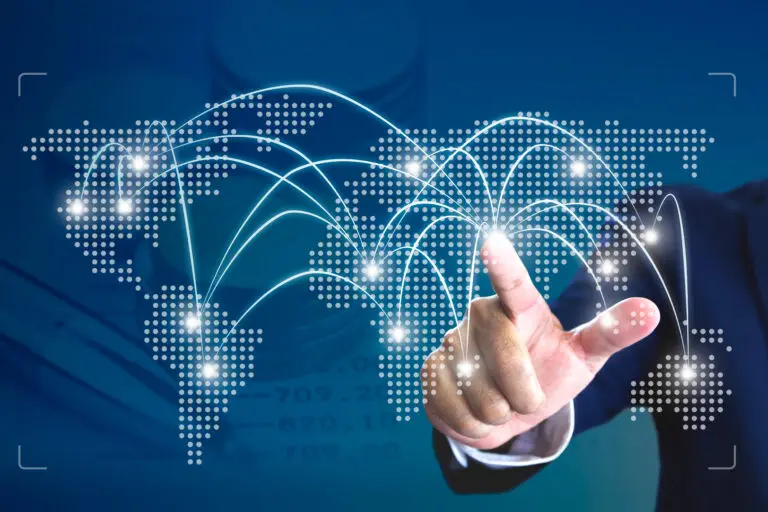 Businessman,Touching,A,Starting,Point,On,A,Virtual,Map,To