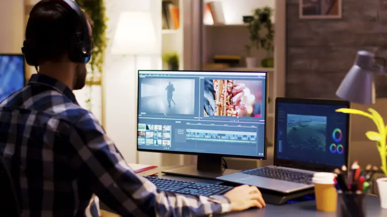 Film,Maker,Pointing,At,The,Monitor,In,Home,Office,While