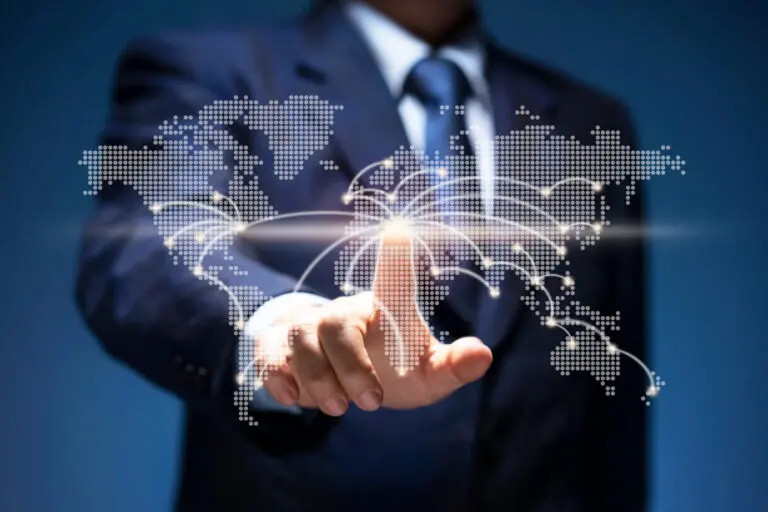 Businessman,Touch,Point,Of,City,Connection,Line,In,World,Map.