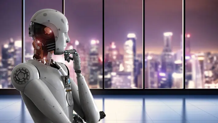 3d,Rendering,Android,Robot,Thinking,In,Office
