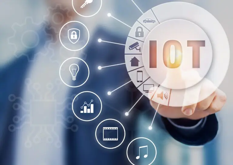 Internet,Of,Things,Technology,With,Connected,Objects,,Hand,Touching,Button