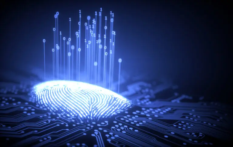 3d,Illustration.,Fingerprint,Integrated,In,A,Printed,Circuit,,Releasing,Binary