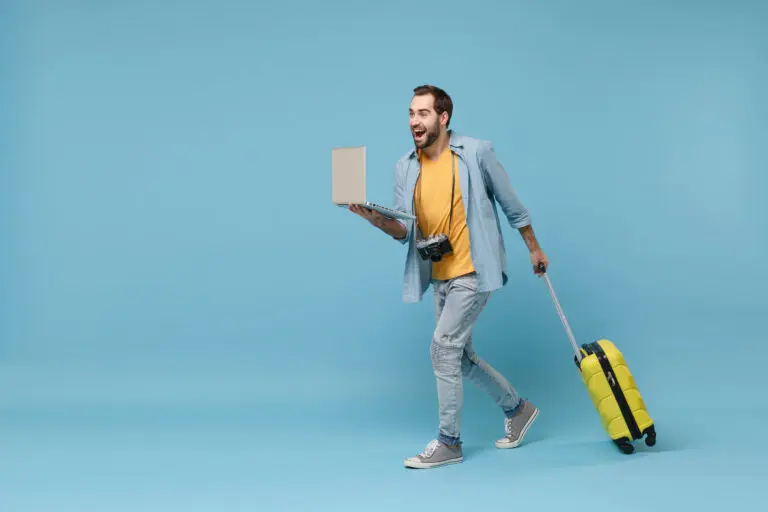 Excited,Traveler,Tourist,Man,In,Yellow,Clothes,With,Photo,Camera