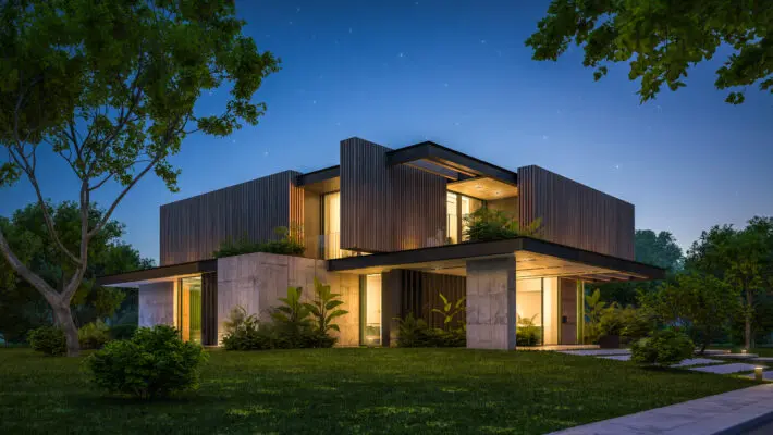 3d,Rendering,Of,Modern,Cozy,House,With,Parking,And,Pool
