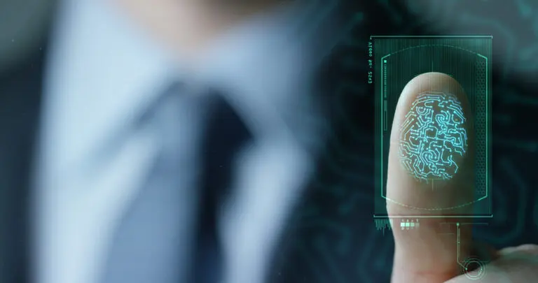 Businessman,Scan,Fingerprint,Biometric,Identity,And,Approval.,Concept,Of,The