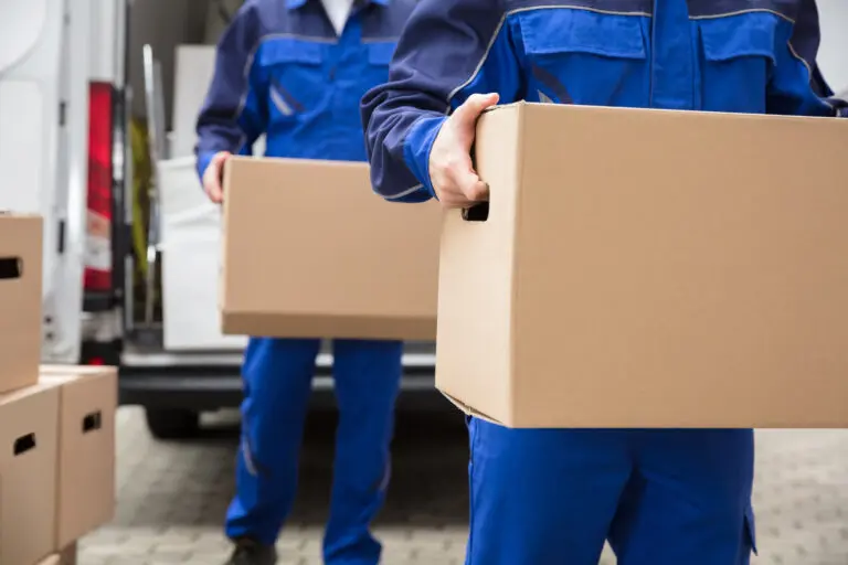 Close-up,Of,Two,Mover’s,Hand,In,Uniform,Carrying,Cardboard,Box