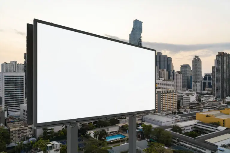 Blank,White,Road,Billboard,With,Bangkok,Cityscape,Background,At,Sunset.