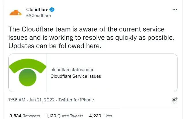 A major outage at content delivery network Cloudflare caused hundreds of websites across the internet to stop working and return a '500 Internal Server error' message this morning.