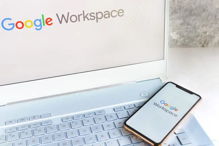 Google,Workspace,Logo,On,Computer,Screen,And,Google,Workspace,Logo