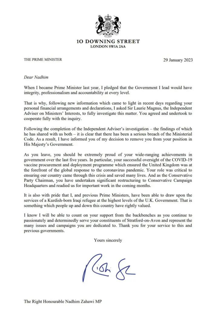 Rishi Sunak has sacked Nadhim Zahawi for serious breaches of the ministerial code after an investigation found he failed to be honest and open about his tax affairs.