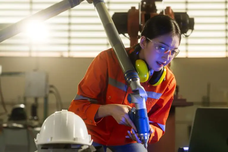 asian female engineer specialist with Measuring machine with a manipulator arm.Three-dimensional coordinate measurement. Check sizes. 3D check of the sizes of parts. CMM after machining process