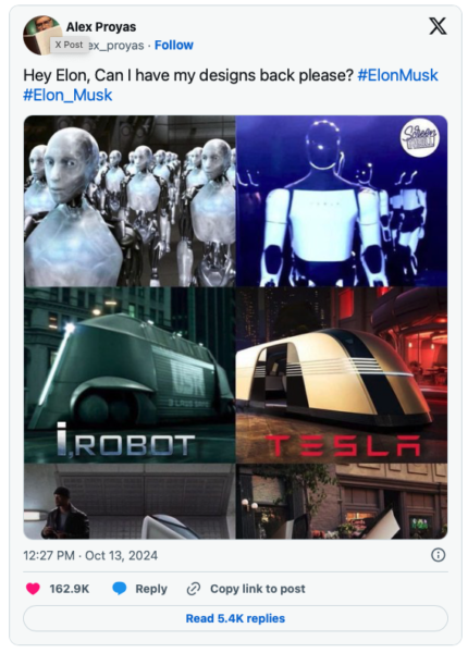 Hollywood director Alex Proyas accuses Elon Musk of copying robot and taxi designs from his 2004 film I, Robot, after Musk unveils Tesla&rsquo;s Optimus robot and Cybercab.