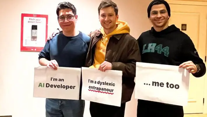 A dyslexic entrepreneur has won the support of Sir Richard Branson by pitching his new education app to a video doorbell installed in a hotel lift.