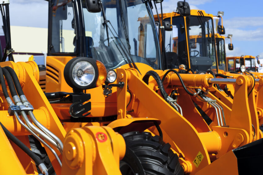 Bulldozer,Headlight,,Row,Of,Huge,Orange,Powerful,Construction,Machines,,Tractors,