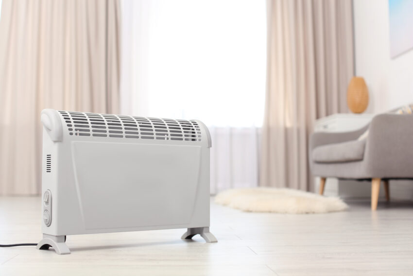 Modern,Electric,Heater,On,Floor,At,Home.,Space,For,Text