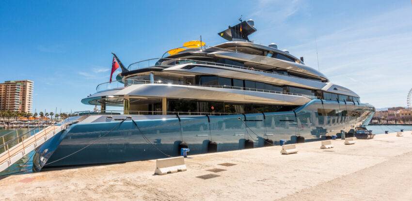 Aviva mega yacht, owned by British billionaire businessman Joe Lewis, moored in the port of Malaga,